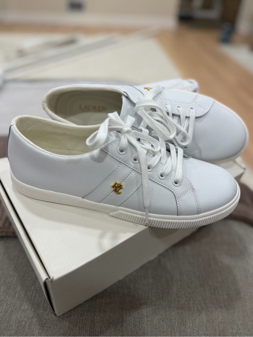 Ralph Lauren White Leather Low-Top Sneakers with Gold Logo